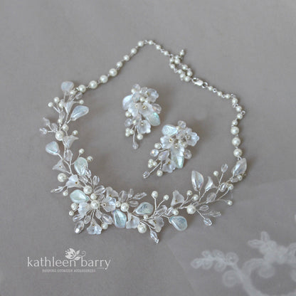 Nadine floral statement necklace - Flowers, leaves, crystals and pearls in rose gold, gold or silver finish