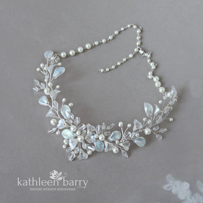 Nadine floral statement necklace - Flowers, leaves, crystals and pearls in rose gold, gold or silver finish