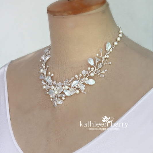 Nadine floral statement necklace - Flowers, leaves, crystals and pearls in rose gold, gold or silver finish