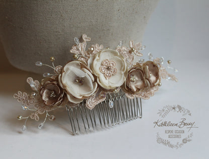 lace flower hair clip coffee  taupe veil comb
