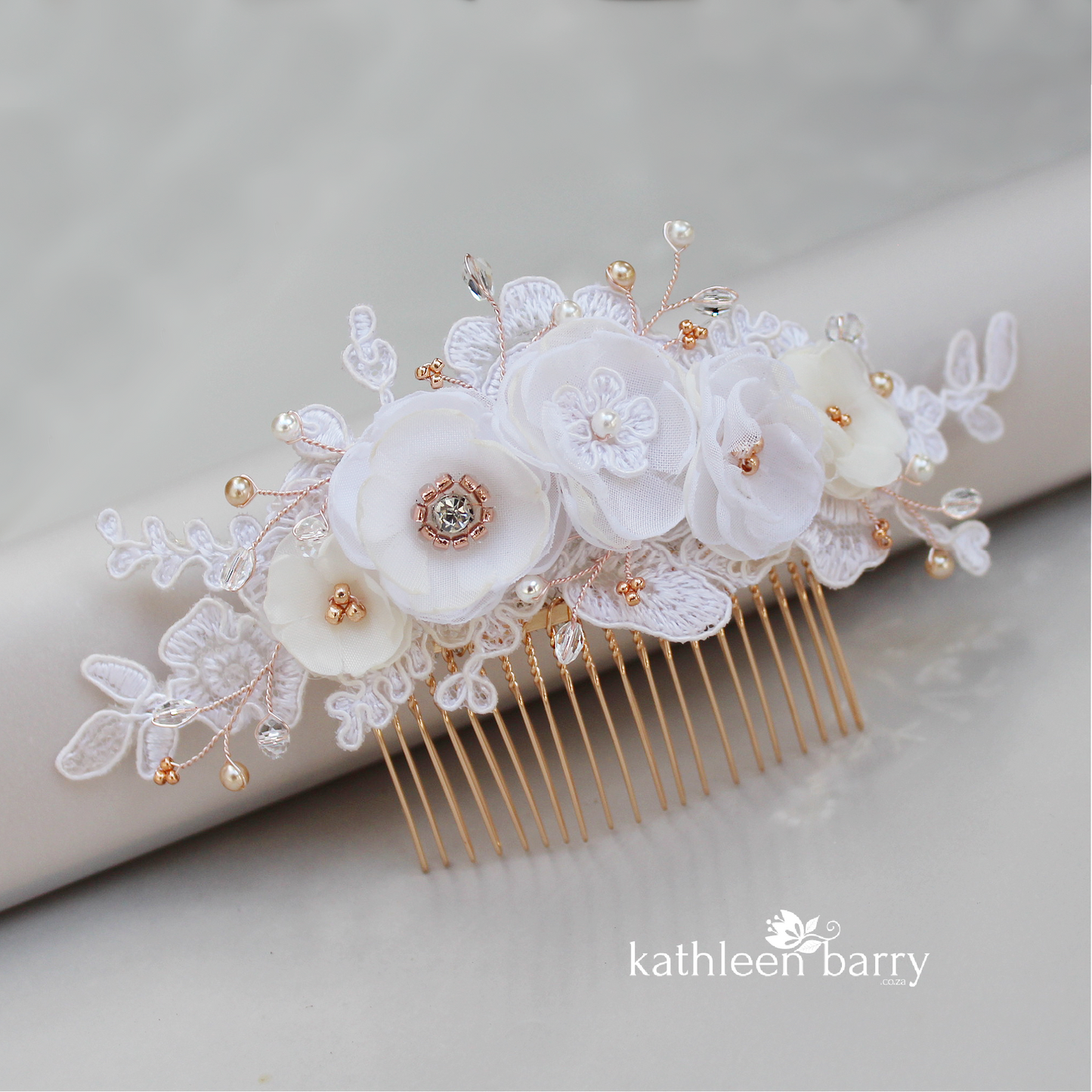 lace flower hair clip ivory rose gold veil comb