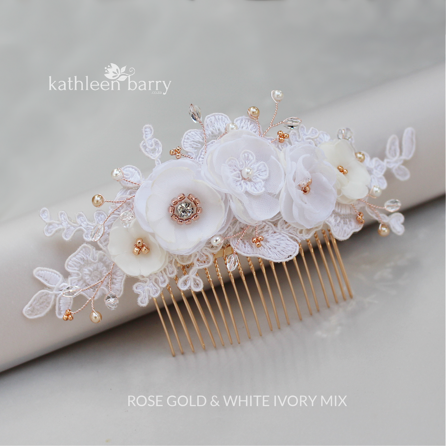 Linda Floral Cafe Latte Lace Bridal Hair Veil Comb, Luxury handmade Flowers, Crystals & Pearls - custom colors available