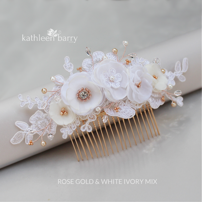 lace flower hair clip ivory rose gold veil comb