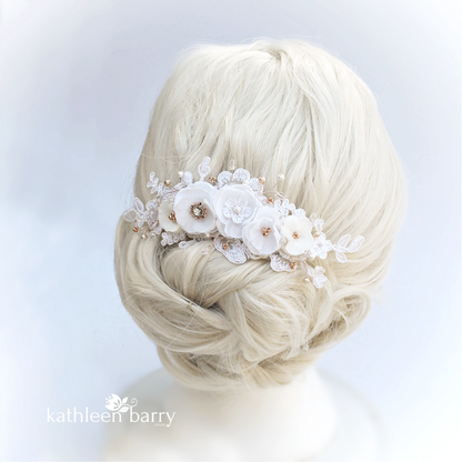 Linda Floral Cafe Latte Lace Bridal Hair Veil Comb, Luxury handmade Flowers, Crystals & Pearls - custom colors available