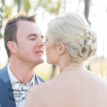 Tiffany Gold hair vine iridescent gold white pearl - Available in Gold, Silver and Rose gold