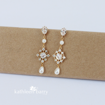 filigree gold pearl drop bridal earrings wedding accessories 