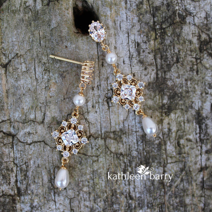filigree gold pearl drop bridal earrings wedding accessories 