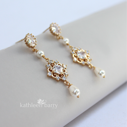 filigree gold pearl drop bridal earrings wedding accessories 