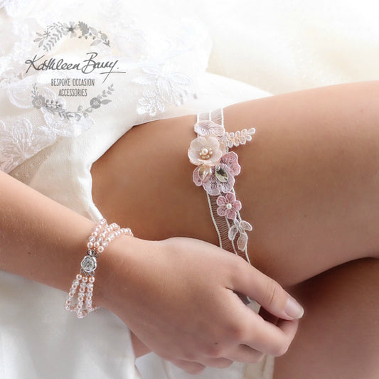 Love Garter shades of pink & blush rose gold with flower detail and lace - color options available