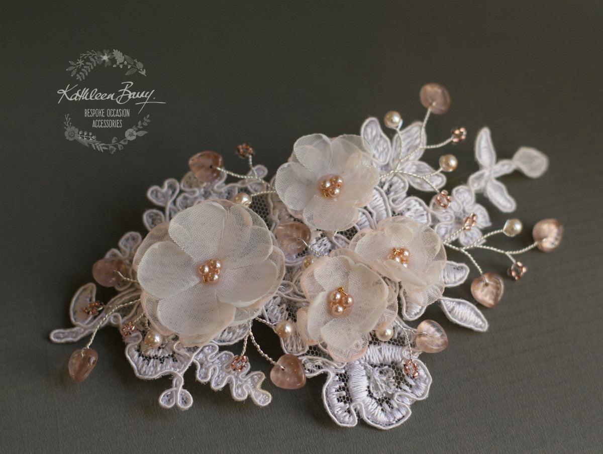 Marilyn Ivory / Off-white Lace Hairpiece Hints of Blush Pink with Rose Gold Accents