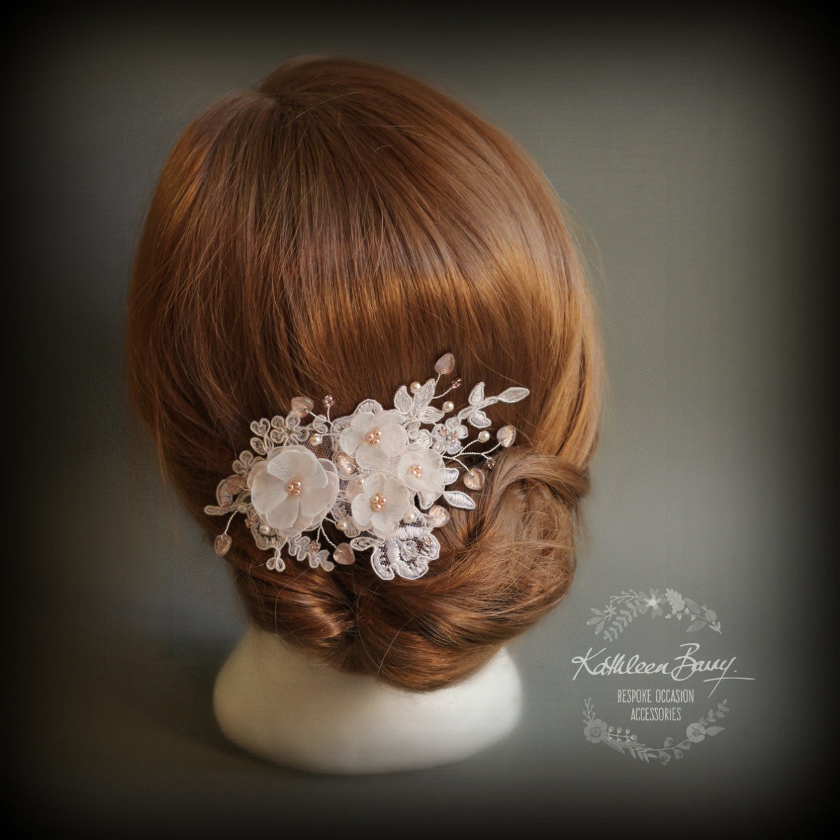 Marilyn Ivory / Off-white Lace Hairpiece Hints of Blush Pink with Rose Gold Accents