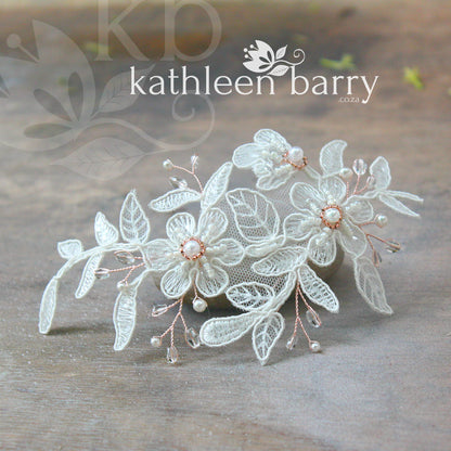 Meredith lace hairpiece - pearl crystal detail - rose gold, gold or silver