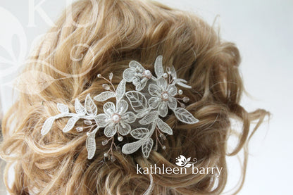 Meredith lace hairpiece - pearl crystal detail - rose gold, gold or silver