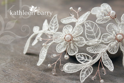 Meredith lace hairpiece - pearl crystal detail - rose gold, gold or silver