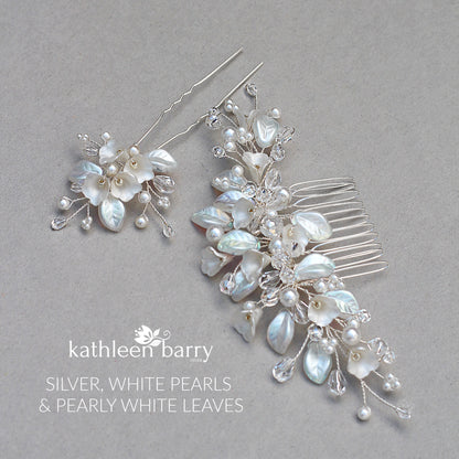 Nadine - Delicate Silver Pink Pearl floral leaf hairpiece - Colors to order