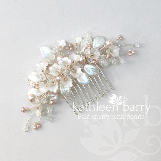 Nadine - Delicate Silver Pink Pearl floral leaf hairpiece - Colors to order