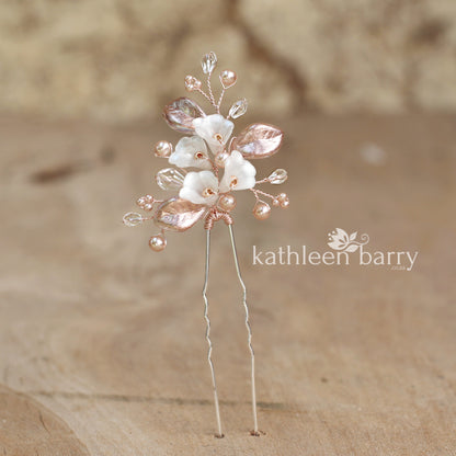 Nadine Floral leaf hair pin crystal & pearl - Rose gold, gold or silver - sold individually