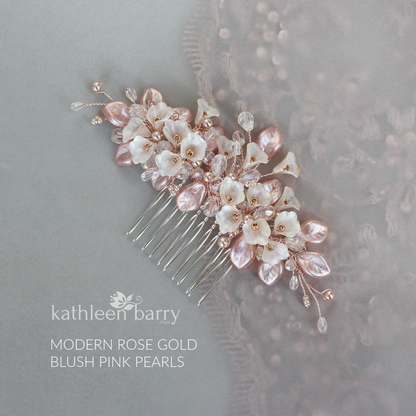 Nadine - Delicate Silver Pink Pearl floral leaf hairpiece - Colors to order