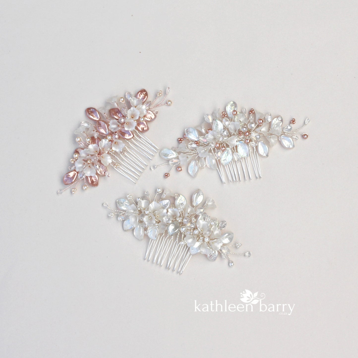 Nadine Floral leaf hair comb crystal & pearl - Rose gold, gold or silver - 7 pearl colors