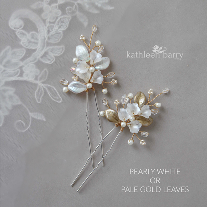 Nadine Floral leaf hair pin crystal & pearl - Rose gold, gold or silver - sold individually