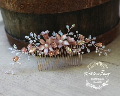 Rose gold Natalia Floral Spray Crystal, Pearl & Rhinestone Comb - Color options available