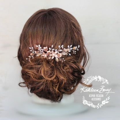 Rose gold Natalia Floral Spray Crystal, Pearl & Rhinestone Comb - Color options available