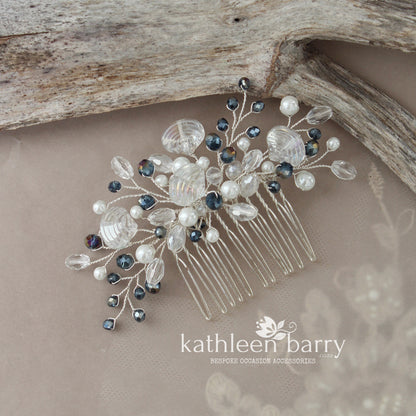 Shell Crystal Pearl Bridal hair comb beach wedding theme Navy and white - Color and finish options available