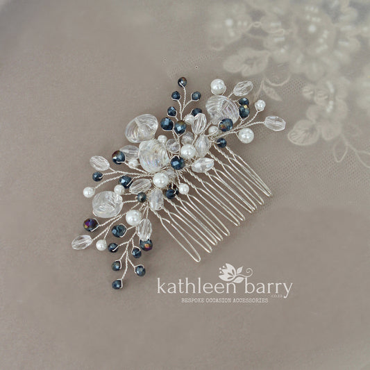 Shell Crystal Pearl Bridal hair comb beach wedding theme Navy and white - Color and finish options available