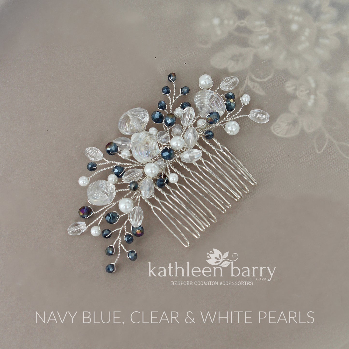 Shell Crystal Pearl Bridal hair comb beach wedding theme Navy and white - Color and finish options available