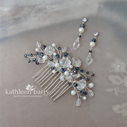 Shell Crystal Pearl Bridal hair comb beach wedding theme Navy and white - Color and finish options available