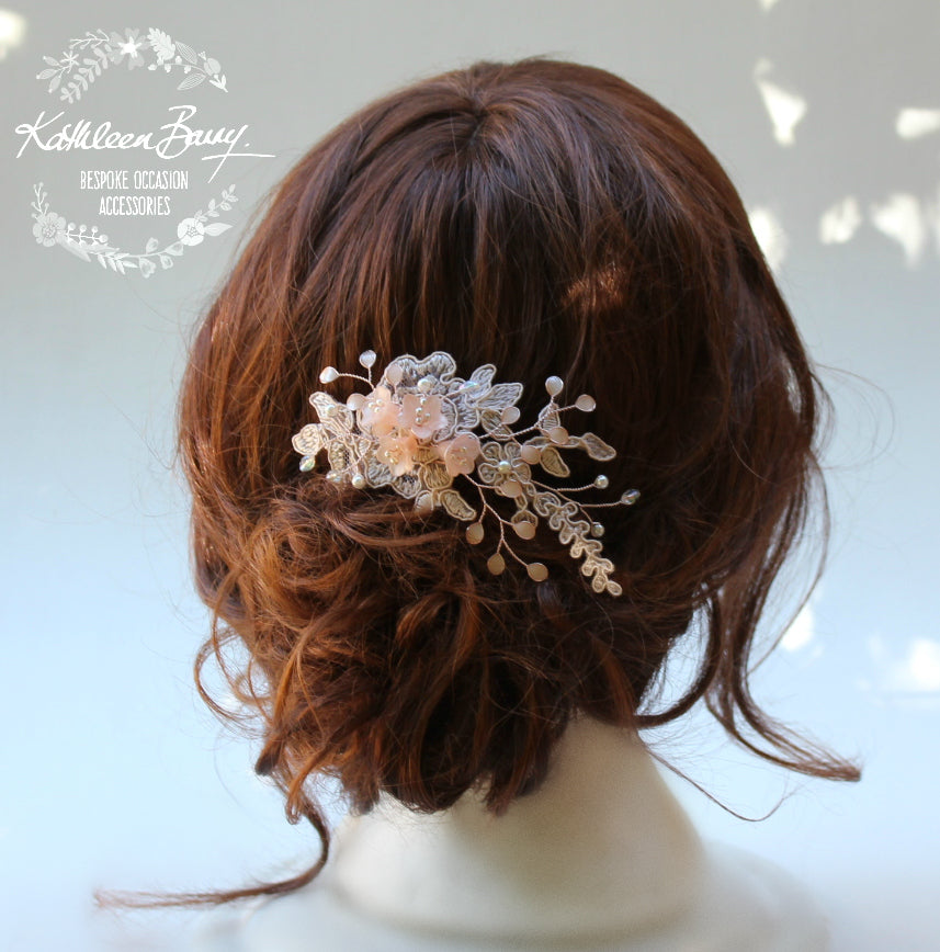 Ntombi Lace bridal hairpiece blush pink rose gold  - wedding hairpiece comb - veil comb