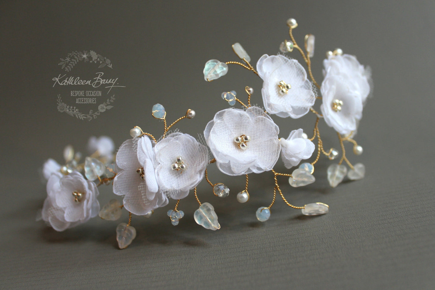 Lilly-Belle Aqua Gold white hair vine, blossom wedding bridal hair accessory wedding bride flower crown wreath - opalescent crystals - blue