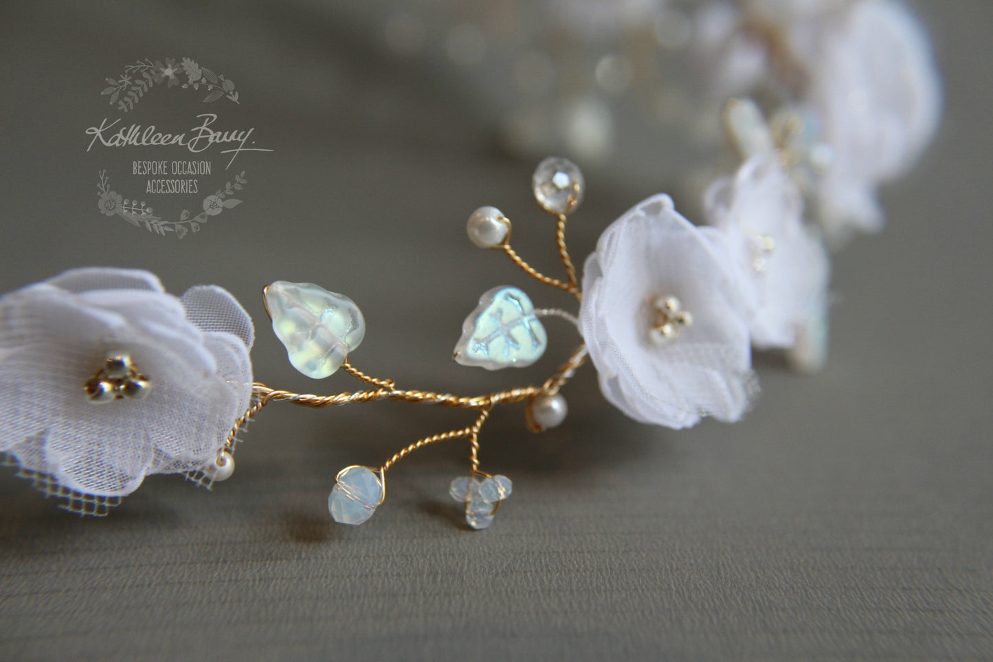 Lilly-Belle Aqua Gold white hair vine, blossom wedding bridal hair accessory wedding bride flower crown wreath - opalescent crystals - blue