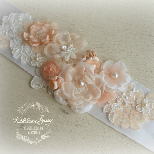 Gwen dress sash Wedding dress bridal belt - Coral peach accents - colors to order