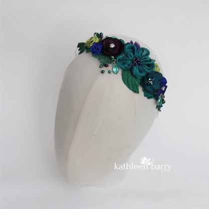 Peacock headband- floral with lace - Teal, indigo, emerald green, Ivory and cream