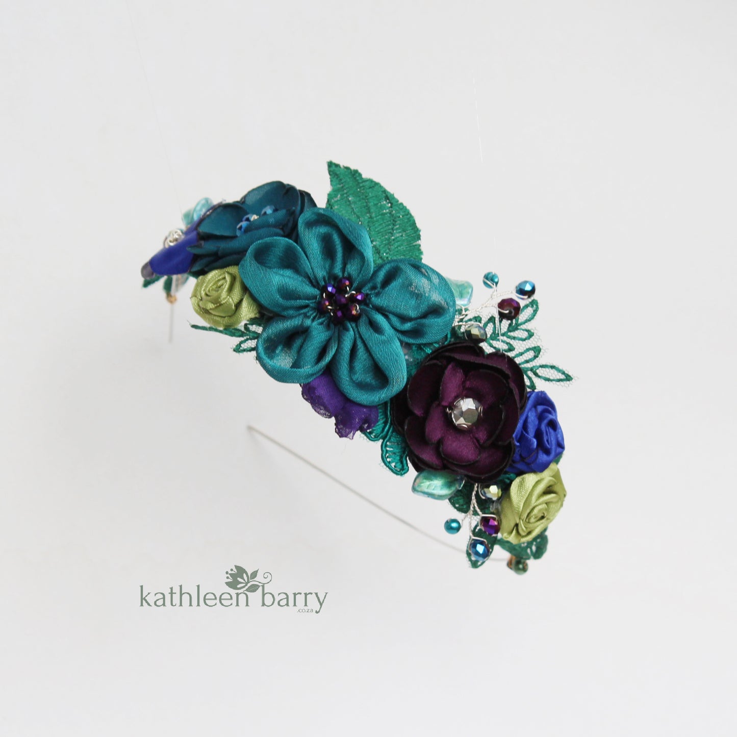 Peacock headband- floral with lace - Teal, indigo, emerald green, Ivory and cream