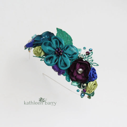 Peacock headband- floral with lace - Teal, indigo, emerald green, Ivory and cream