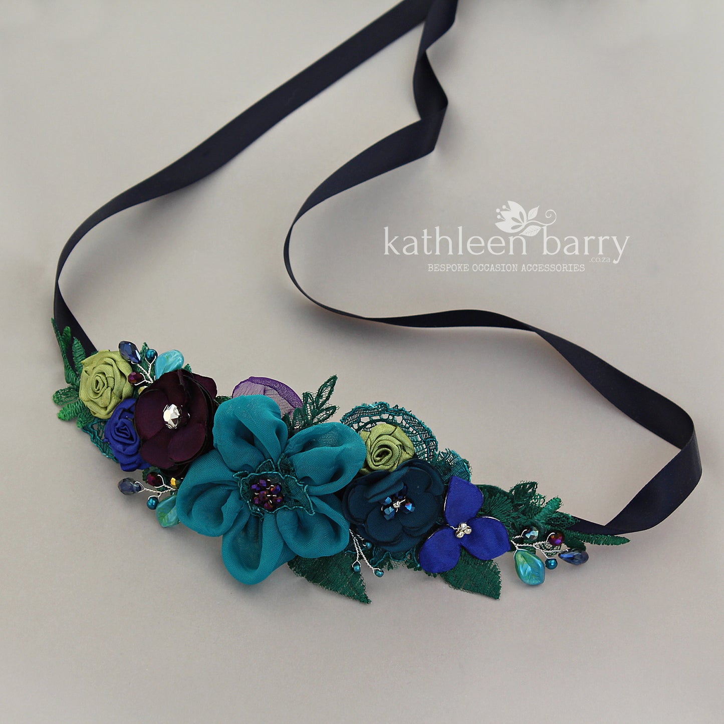 Peacock Wedding dress sash belt - floral with lace - Teal, indigo, emerald green, Ivory and cream - custom colors available