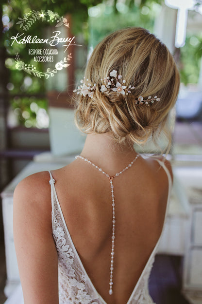 Rachel open back drop necklace, crystal and pearls - SILVER, ROSE GOLD OR GOLD (7 PEARL COLORS AVAILABLE)