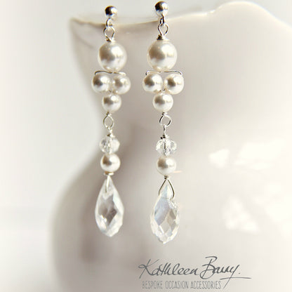 Lauren drop crystal pearl earrings - Silver, Gold, Rose gold or copper finish - assorted pearl color options