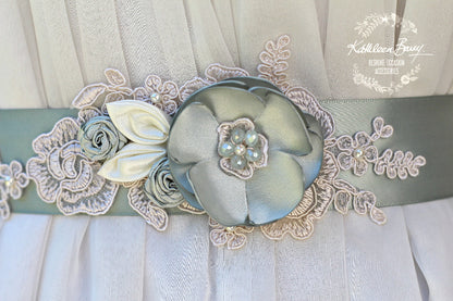 Tiffany dress sash belt wedding - floral with lace - bridal belt ivory sage green sea foam shades - sea glass - colors to order