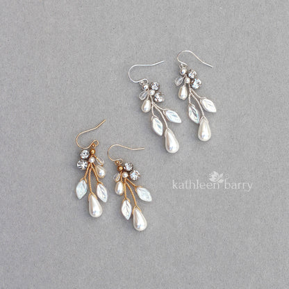 Seona pearl drop leaf earrings assorted pearl colors and finish available