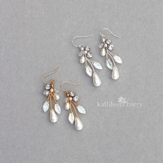 Seona pearl drop leaf earrings assorted pearl colors and finish available