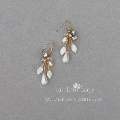 Seona pearl drop leaf earrings assorted pearl colors and finish available