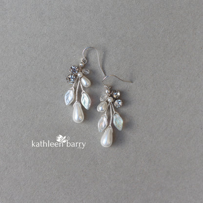 Seona pearl drop leaf earrings assorted pearl colors and finish available