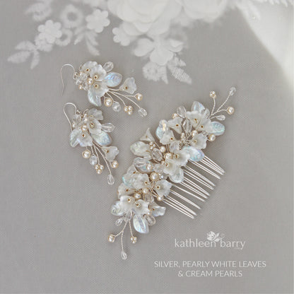 Nadine - Delicate Silver Pink Pearl floral leaf hairpiece - Colors to order