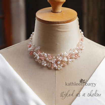 Shelby floral necklace - Flowers, leaves, crystals and pearls in rose gold, gold or silver finish