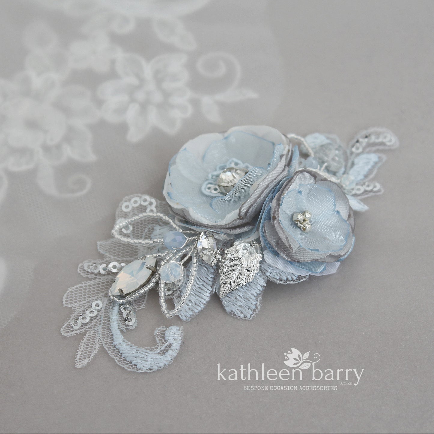 Shauna floral lace hair clip - Silver grey and pale blue, opalecent crystals (colors on request)
