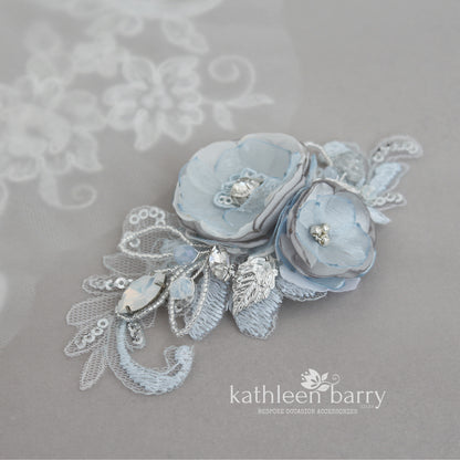 Shauna floral lace hair clip - Silver grey and pale blue, opalecent crystals (colors on request)