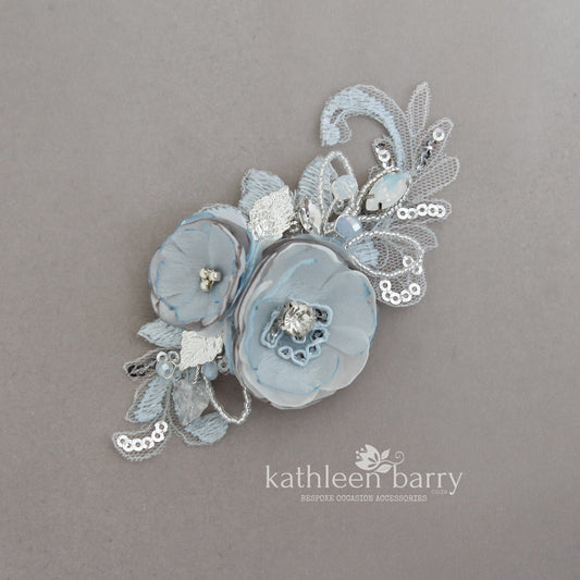 Shauna floral lace hair clip - Silver grey and pale blue, opalecent crystals (colors on request)